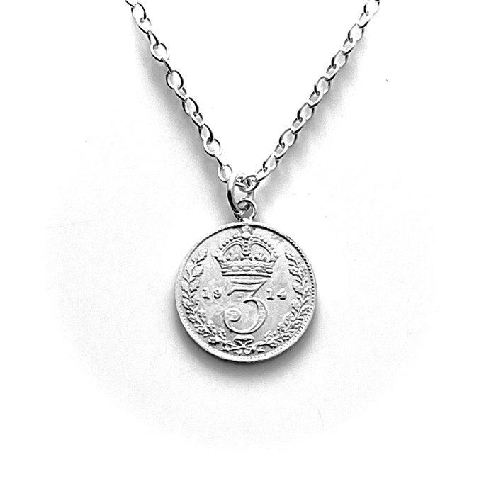 1914 British Three Pence Coin Necklace in Sterling Silver by Roberts & Co