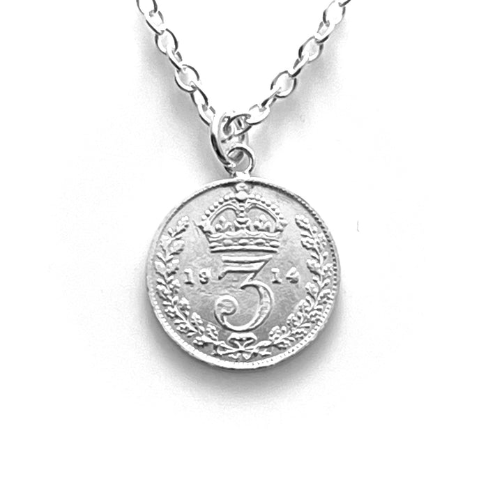 Antique 1914 Sterling Silver British Three Pence Coin Necklace