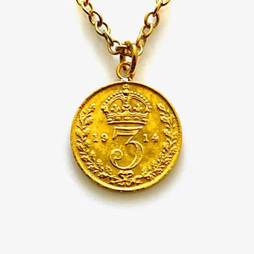 Antique 1914 Gold Plated British Three Pence Coin Necklace