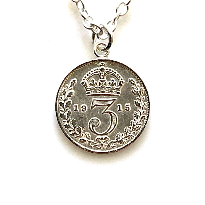 Antique 1915 Sterling Silver Three Pence Coin Necklace