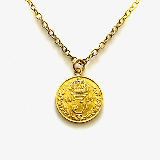 1915 British Three Pence Coin Necklace in 18ct Gold Plating by Roberts & Co