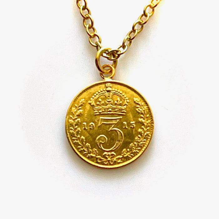 Antique 1915 18ct Gold Plated Three Pence Coin Necklace