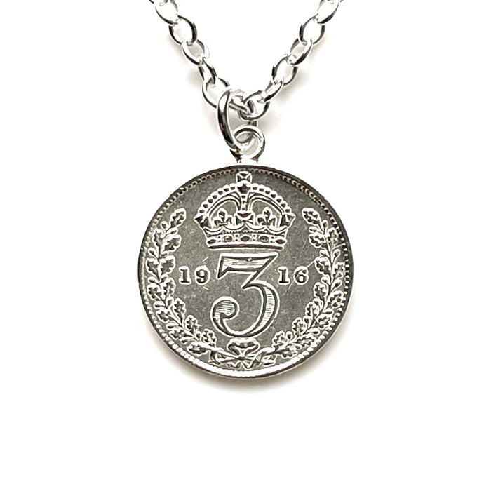 1916 Sterling Silver Three Pence Coin Necklace Close-up