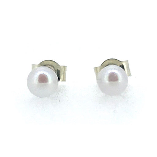 Close-up of 3mm Akoya pearl stud earrings in 9ct white gold