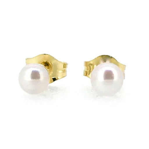 Close-up of 3mm Akoya pearl stud earrings in 18ct yellow gold