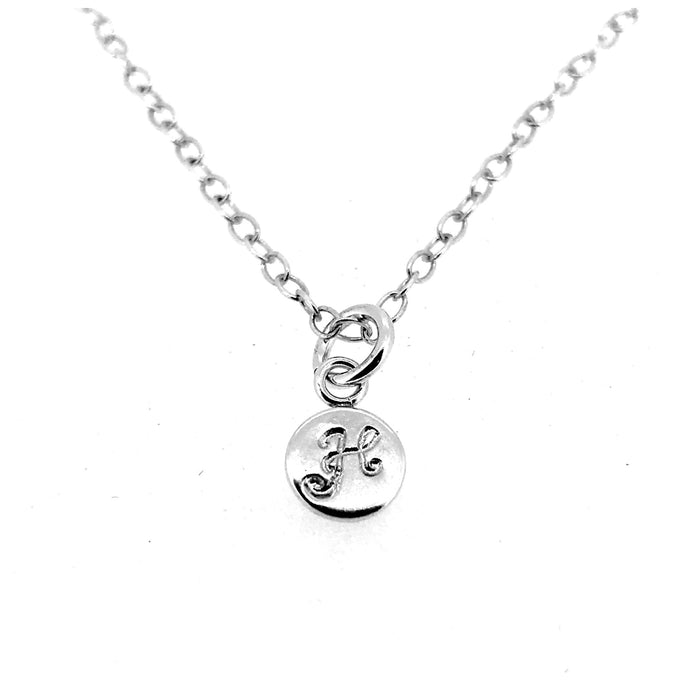 Handcrafted sterling silver Initial H Necklace with 6mm disc pendant and elegant ballroom font