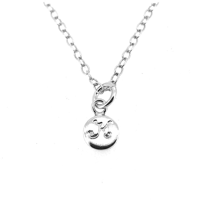 Handcrafted sterling silver Initial K Necklace with 6mm disc pendant and refined ballroom font