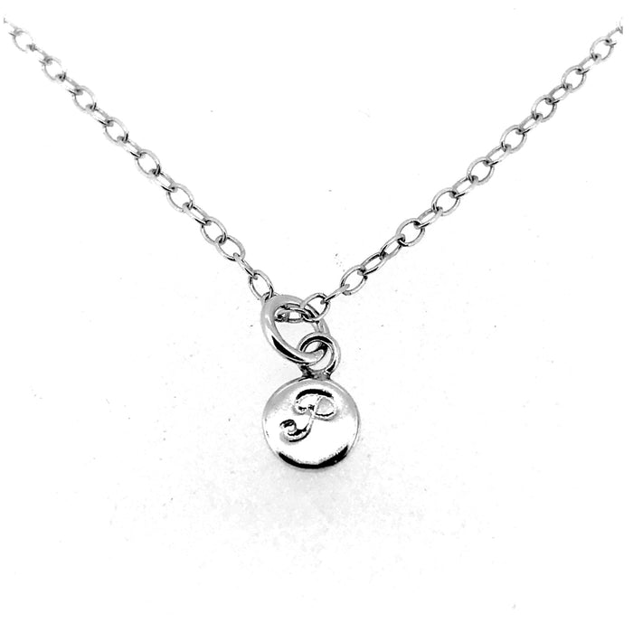 Handmade sterling silver Initial P Necklace with a 6mm disc pendant and elegant ballroom font
