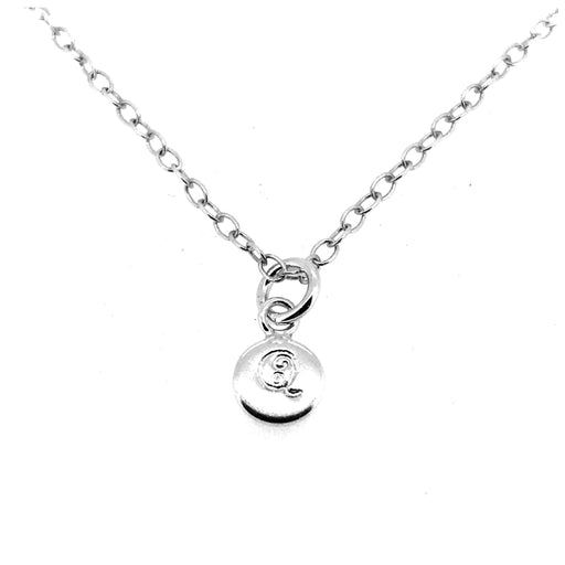 Personalised 6mm sterling silver disc pendant showcasing engraved letter Q