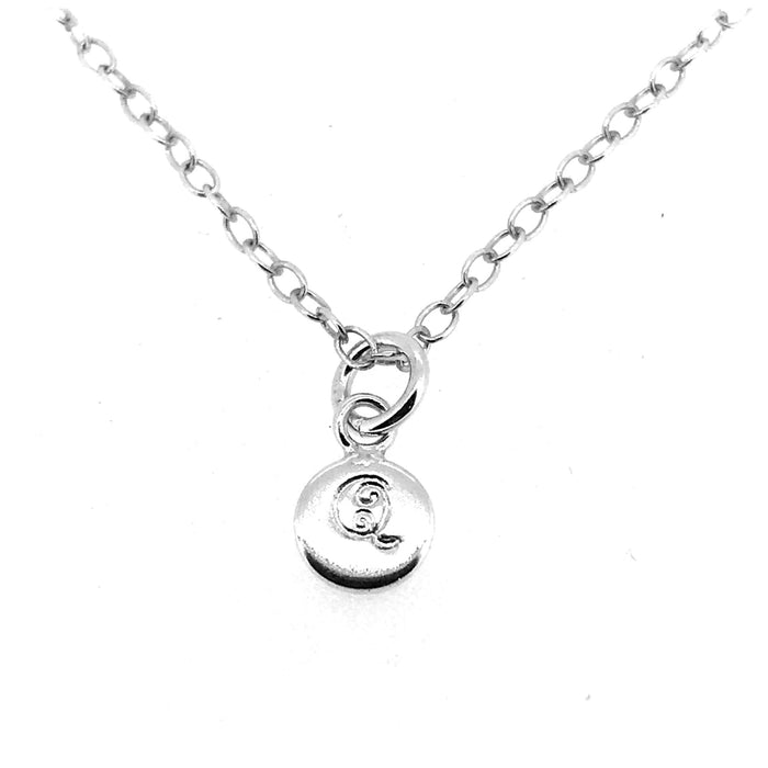 Elegant ballroom font Initial Q featured on a sterling silver necklace