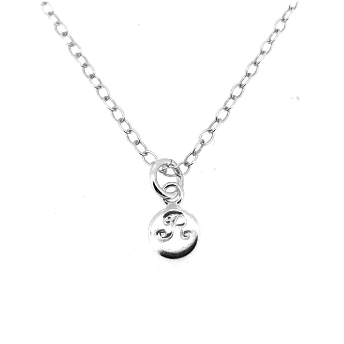 Handcrafted sterling silver Initial R Necklace with a 6mm disc pendant and elegant ballroom font