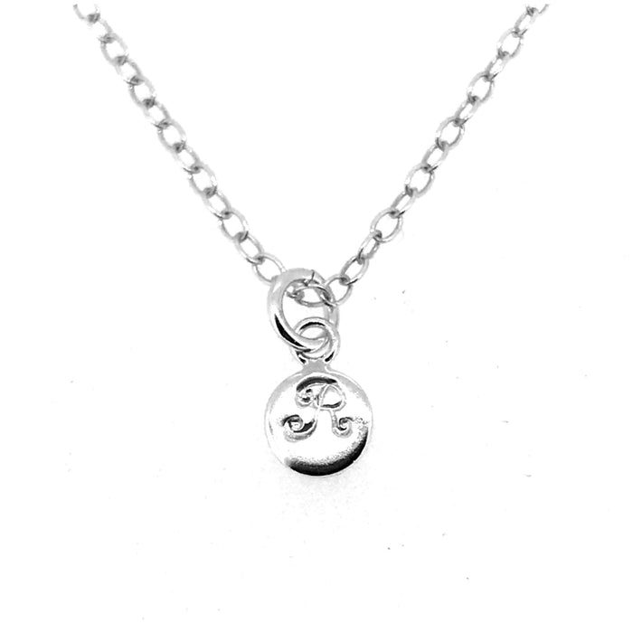 Chic ballroom font Initial R featured on a sterling silver necklace