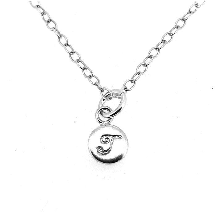 Sophisticated ballroom font Initial T featured on a sterling silver necklace