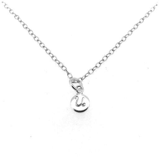 Handcrafted sterling silver Initial U Necklace with a 6mm disc pendant and elegant ballroom font