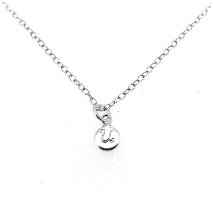 Handcrafted sterling silver Initial U Necklace with a 6mm disc pendant and elegant ballroom font
