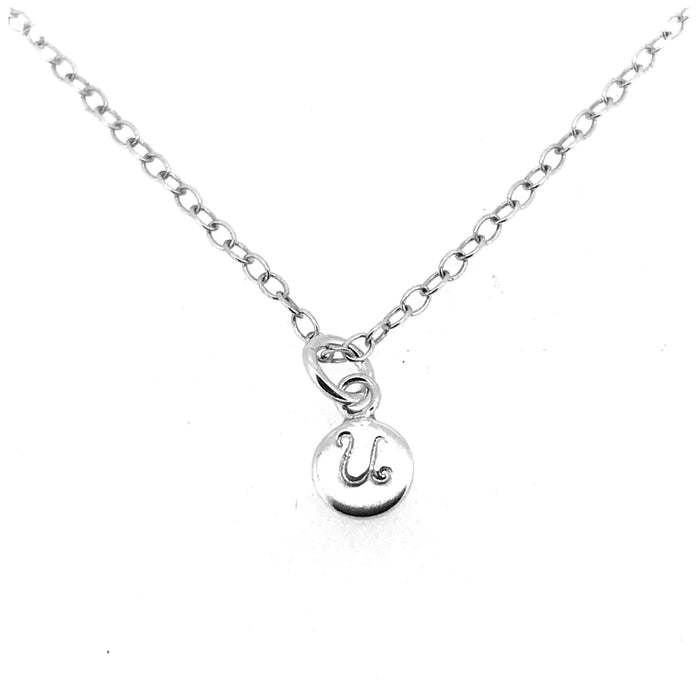 Personalised 6mm sterling silver disc pendant showcasing engraved letter U