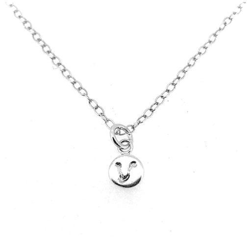 Handcrafted sterling silver Initial V Necklace with a 6mm disc pendant and elegant ballroom font