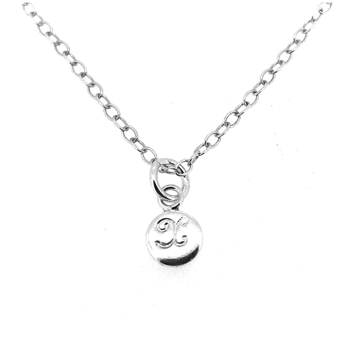 Initial X Necklace with 6mm sterling silver disc pendant showcasing a stylish Ballroom font by Roberts & Co