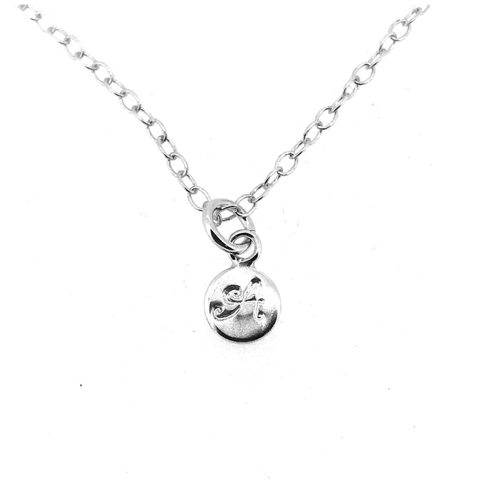 Initial A Necklace with sterling silver disc pendant and ballroom font