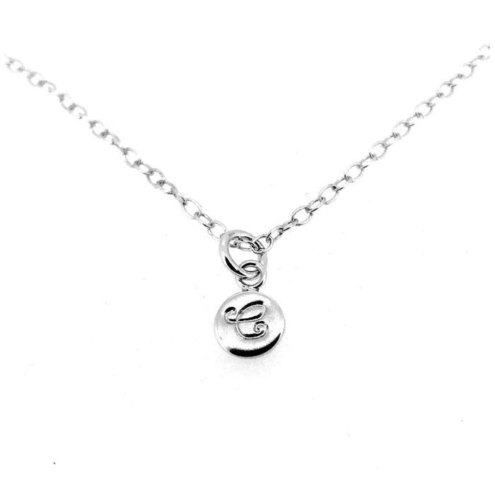 Elegant ballroom font Initial C engraved on a sterling silver necklace