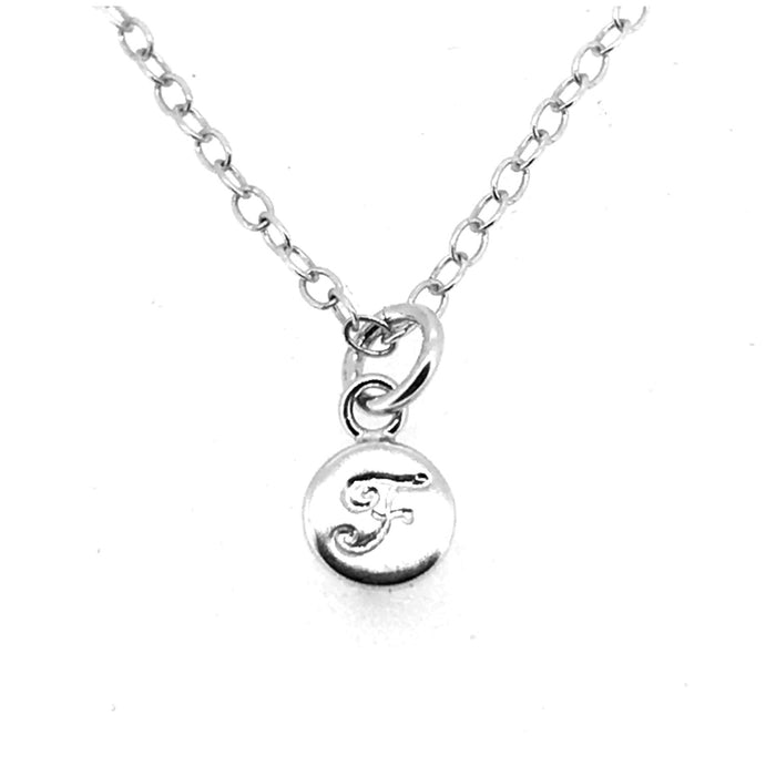 Handcrafted sterling silver Initial F Necklace with 6mm disc pendant and elegant ballroom font