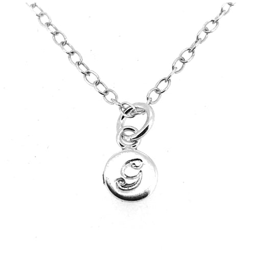 Handcrafted sterling silver Initial G Necklace with 6mm disc pendant and elegant ballroom font