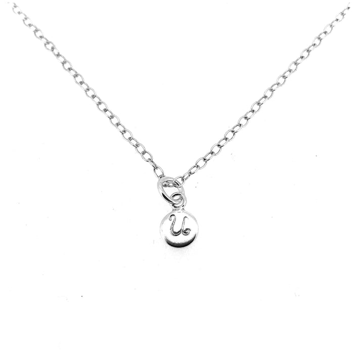 Sophisticated ballroom font Initial U featured on a sterling silver necklace