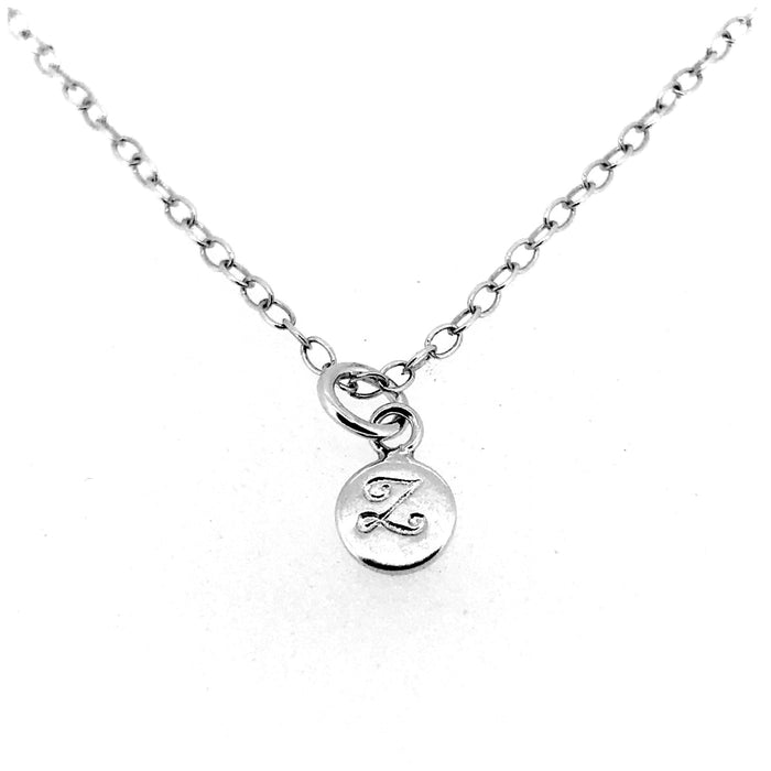 Close-up of 6mm initial Z pendant in sterling silver