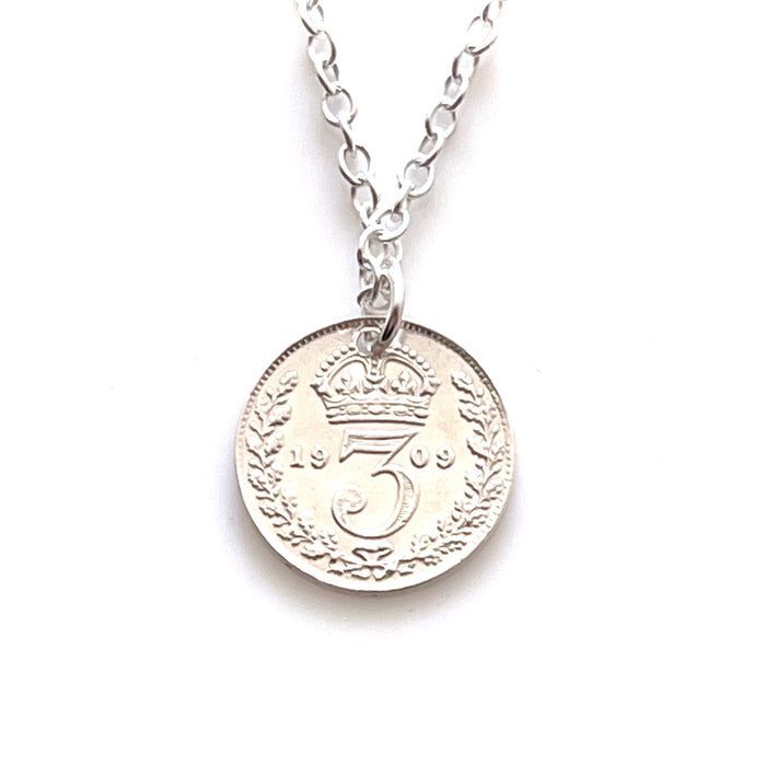 Antique 1909 Threepence Coin in Vintage Enigma Necklace by Roberts & Co