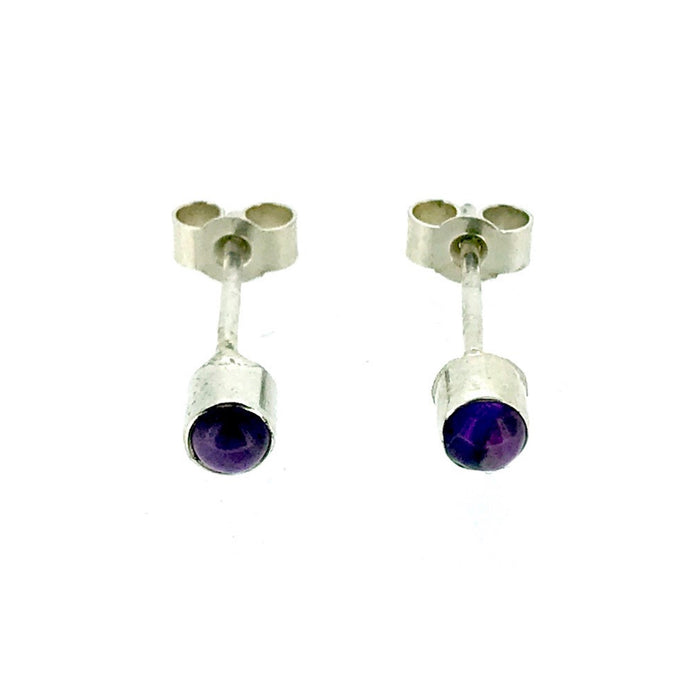 Natural Amethyst Earrings 3mm Round Cabochon Cut Sterling Silver Studs
