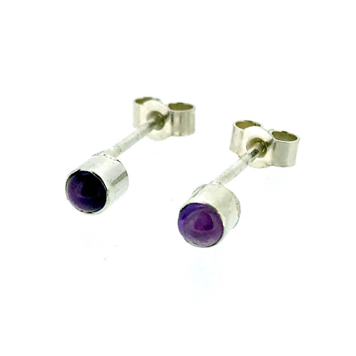 Natural Amethyst Earrings 3mm Round Cabochon Cut Sterling Silver Studs